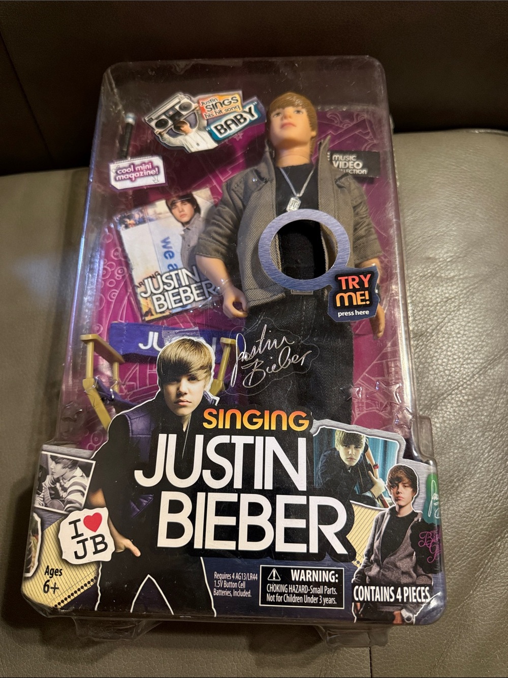 Vintage Justin Bieber Singing Doll in Purple and Black Packaging